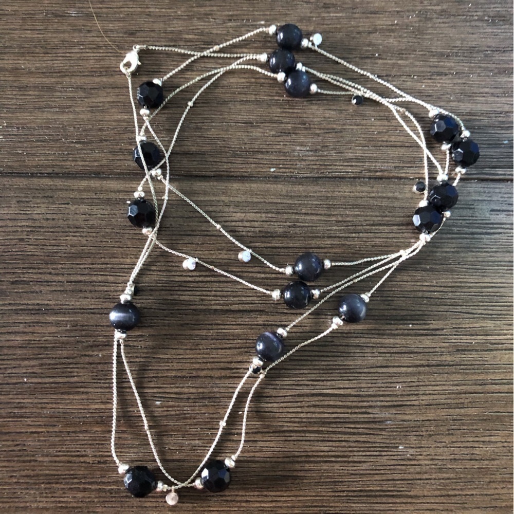 Sliver Metal with black bead long necklace